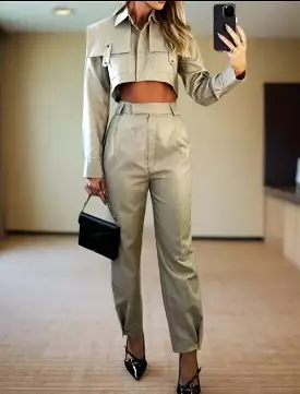 2 Piece Set 2024 Women Fashion Solid Long Sleeve Lapel Singe Breasted Button High Waits Top Loose With Pockets Pants Sets