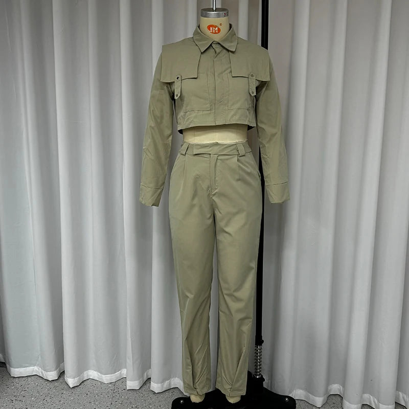 2 Piece Set 2024 Women Fashion Solid Long Sleeve Lapel Singe Breasted Button High Waits Top Loose With Pockets Pants Sets