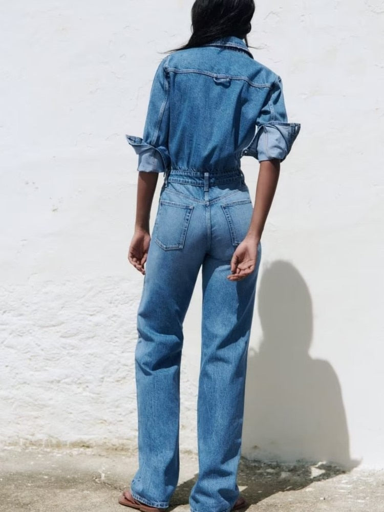 Ashore Shop Denim Jumpsuit 2023 Women Autumn Spring New Long Sleeve Solid Color Blue Straight Street Casual Pants Fashion Trend