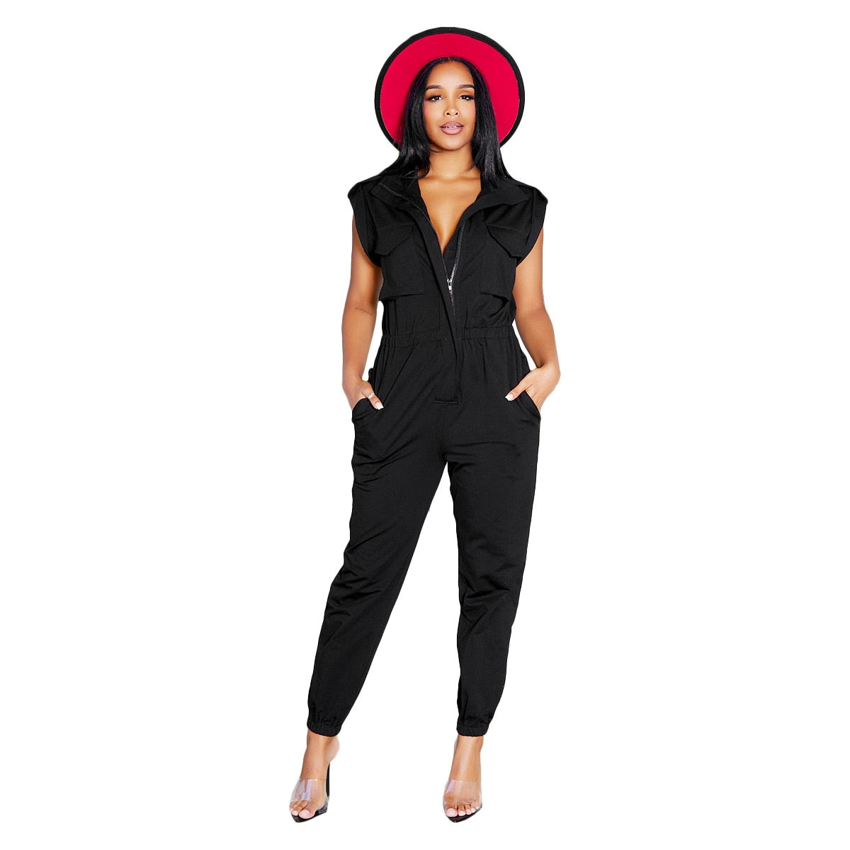 Ashore Shop Fashion Short Sleeve Pockets Cargo Jumpsuit Women 2023 Summer Casual One Piece Pants V Neck Zipper Slim Jumpsuit Str