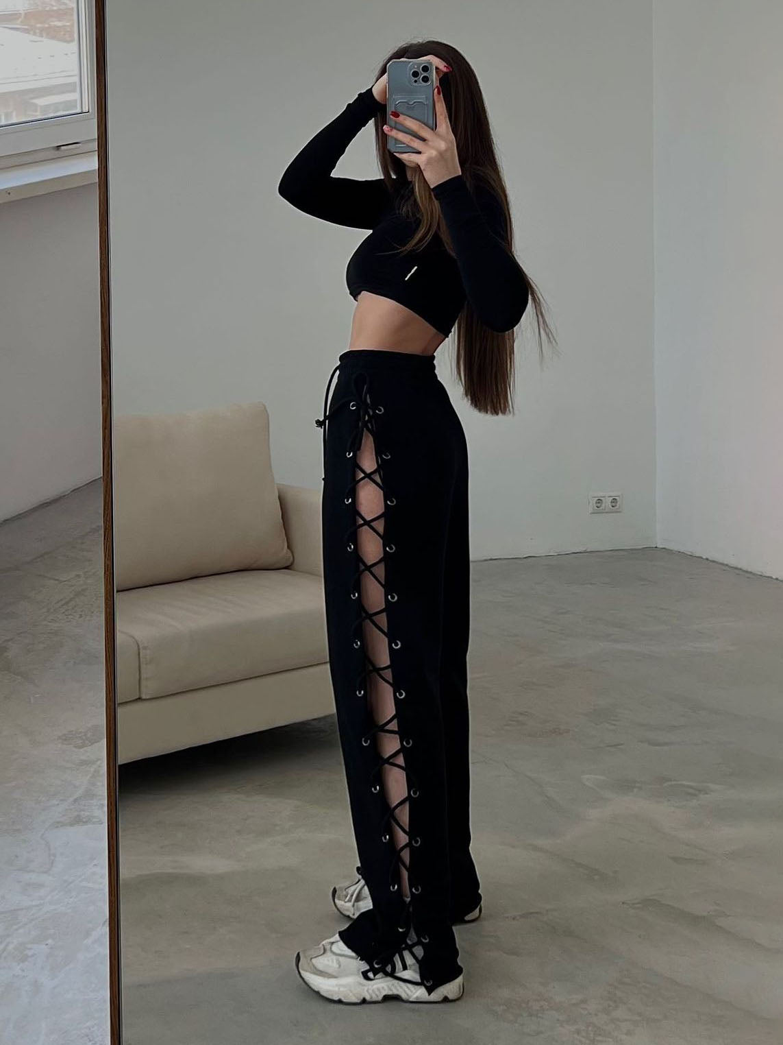 Ashore Shop Knitted Slit Hollow Sweatpants Women Solid Tie High Waist Loose Summer Trousers For Ladies Casual Streetwear Pants W