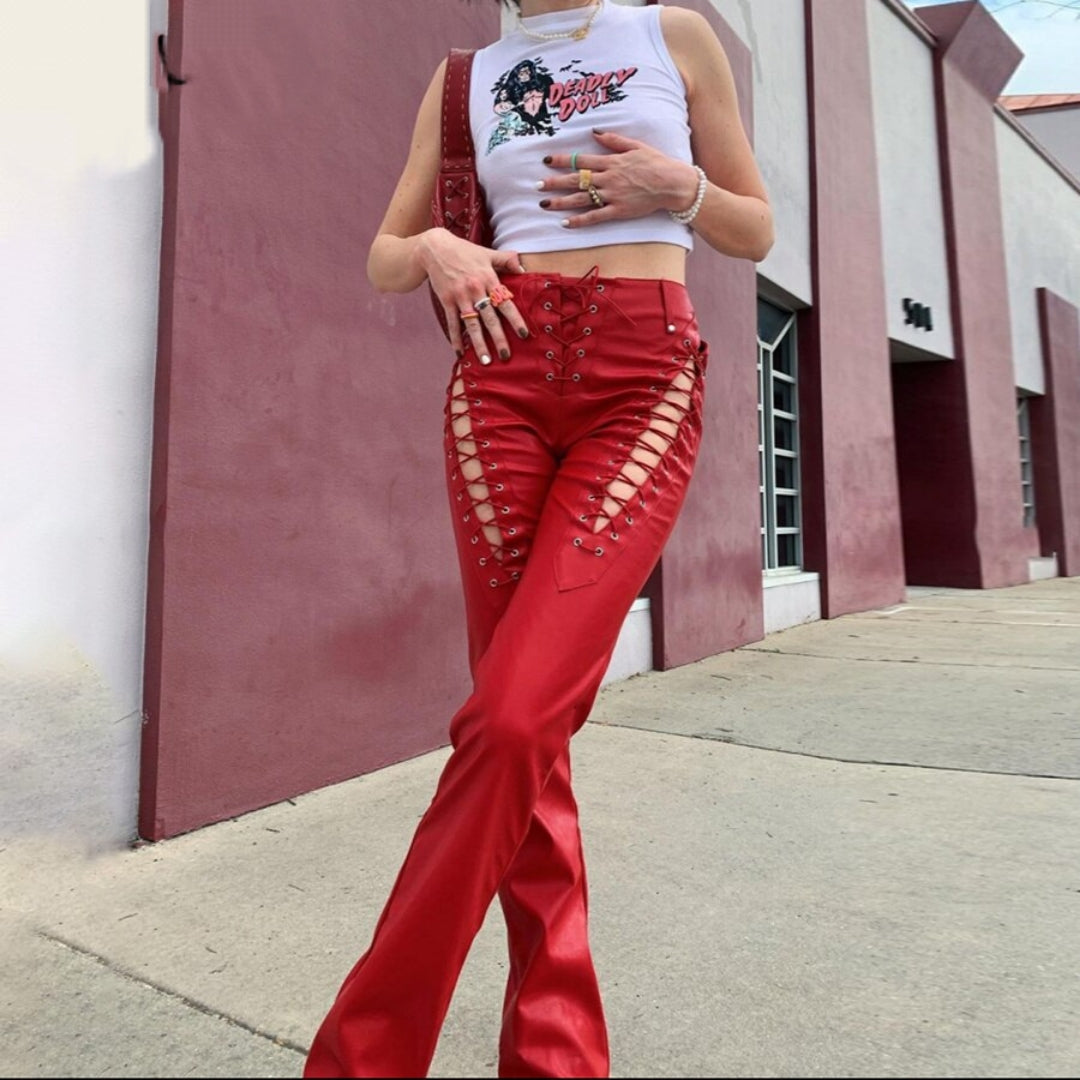 Ashore Shop Pu Leather pants Hollow Out Straight Trousers