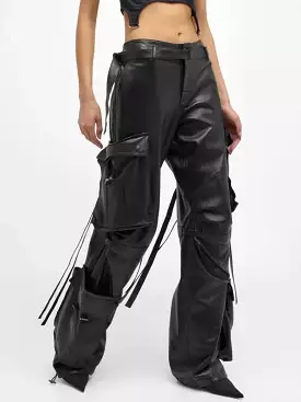 Ashore Shop solid leather cargo pants for women high waist  floor length trouser female