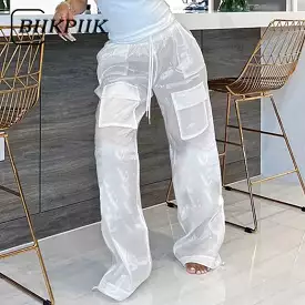 Ashore shop White See Through Chiffon Loose Pants Pockets Fashion Drawstring Trousers Casual Club Style Aesthetic Women Hot Clot