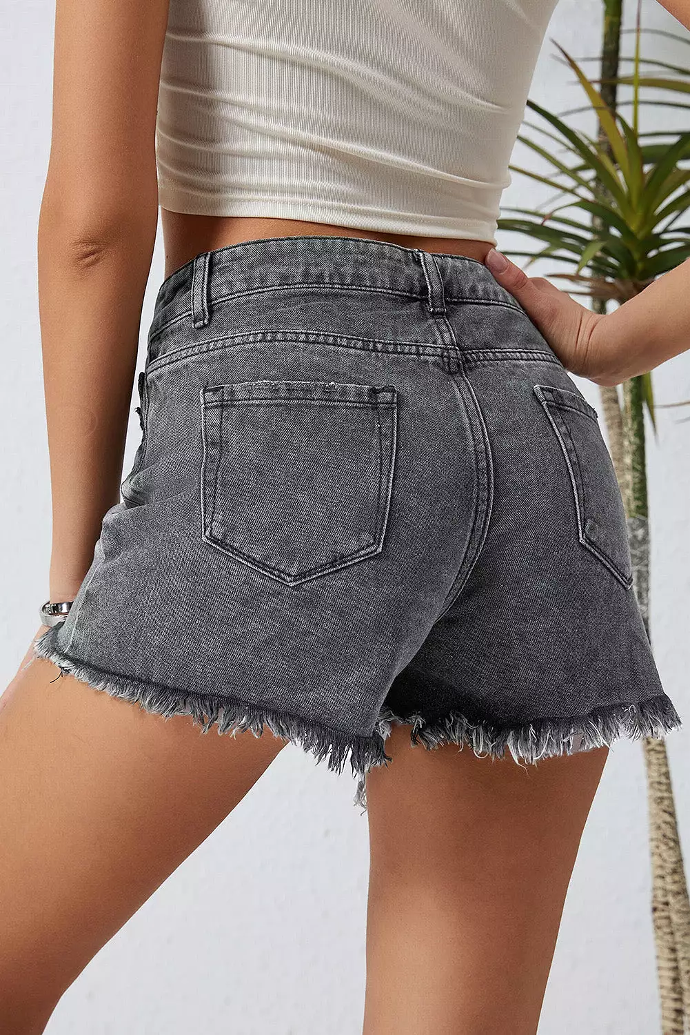 Asymmetrical Distressed Denim Shorts