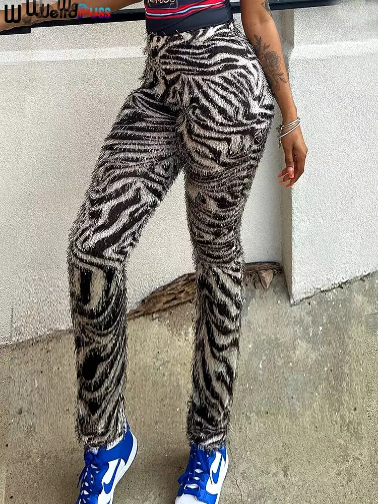 Autumn Trendy Women Pants Fluffy Zebra Stripes Elastic Slim Fit Daily Wild Causal Bottom 2023 Hipsters Y2K Streetwear