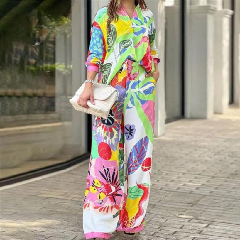 Beach Printed  Women High Waist Pants and Button Shirts 2 Piece Set B-74729