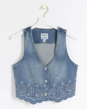 Blue broderie denim waistcoat