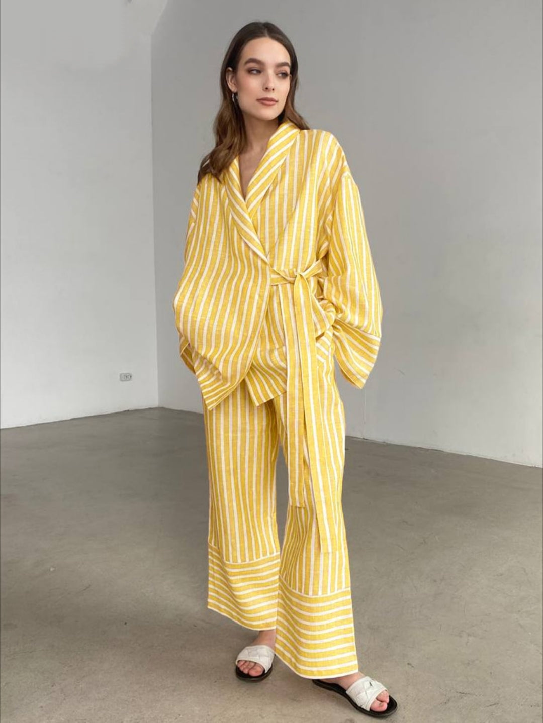 Casual Yellow Stripe Home Suits Elegant High Waist Wide Pants Set Fashion Long Sleeve Shirts Two Piece Set Women Outfit