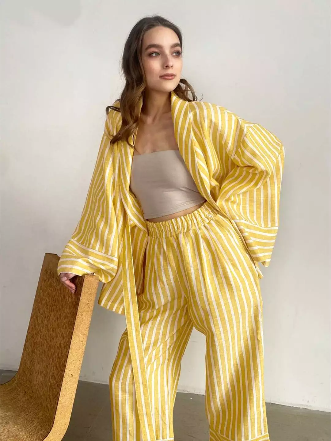 Casual Yellow Stripe Home Suits Elegant High Waist Wide Pants Set Fashion Long Sleeve Shirts Two Piece Set Women Outfit