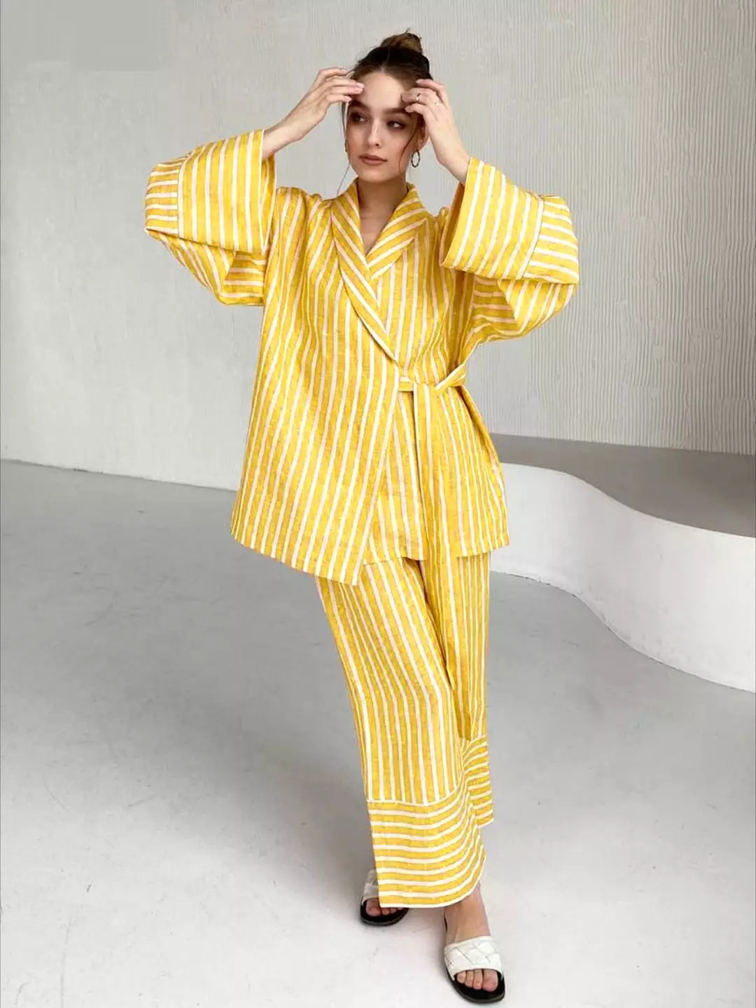 Casual Yellow Stripe Home Suits Elegant High Waist Wide Pants Set Fashion Long Sleeve Shirts Two Piece Set Women Outfit