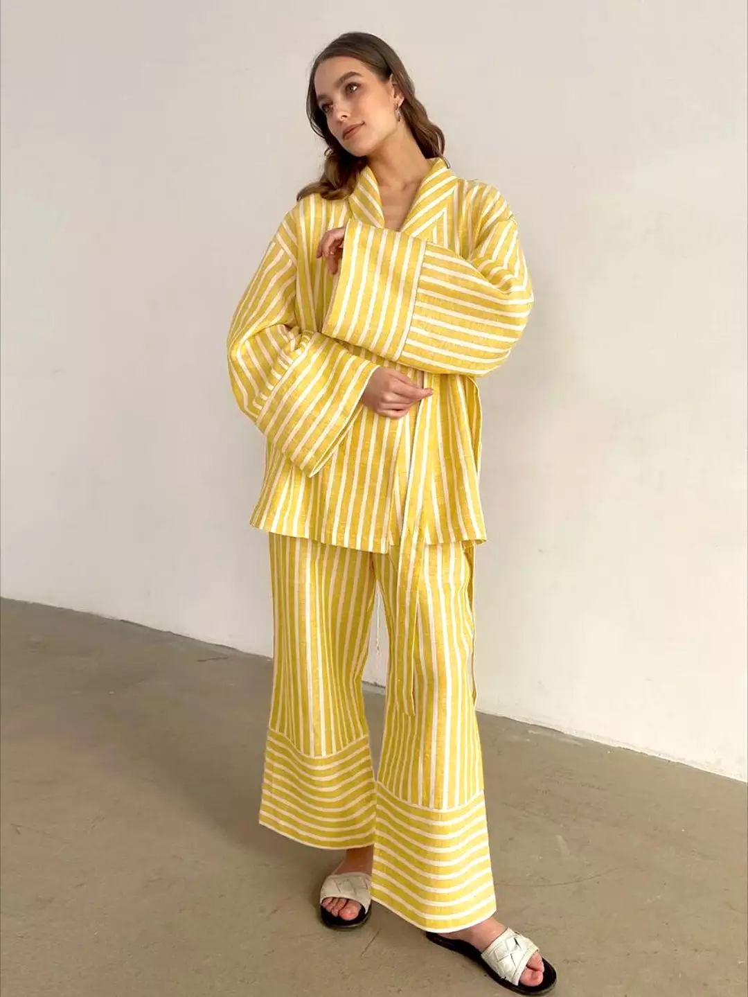 Casual Yellow Stripe Home Suits Elegant High Waist Wide Pants Set Fashion Long Sleeve Shirts Two Piece Set Women Outfit