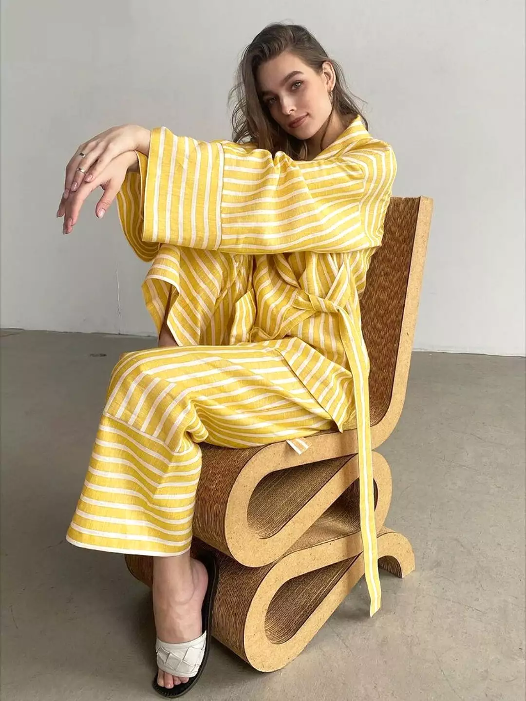 Casual Yellow Stripe Home Suits Elegant High Waist Wide Pants Set Fashion Long Sleeve Shirts Two Piece Set Women Outfit