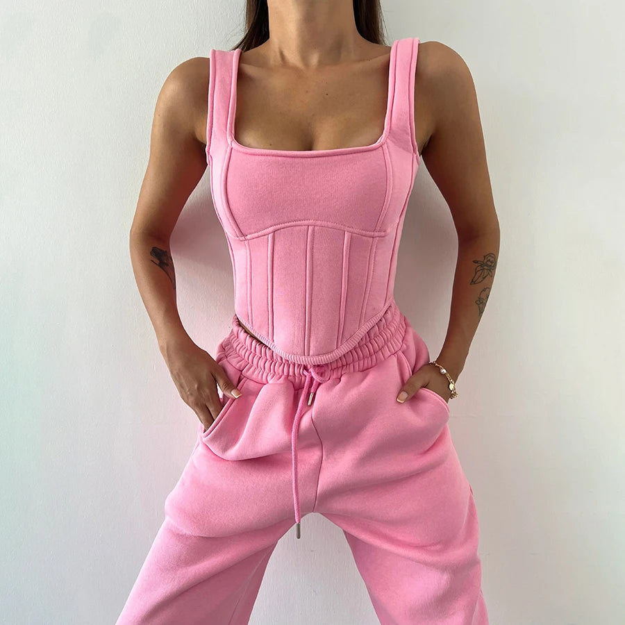 Classic Tanks+ Long Sleeve Crop Top+Bandage Pants Women's Set Jogger Street wear 3 Piece Pant Set