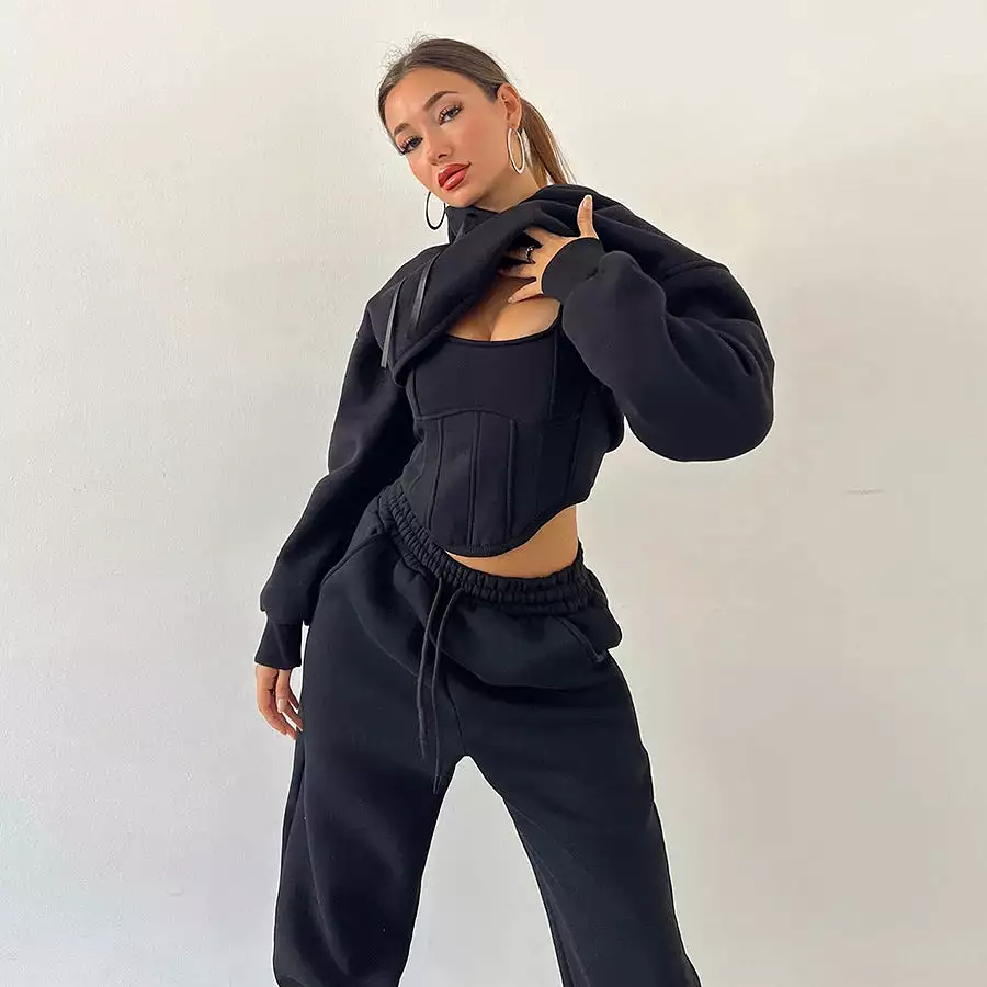 Classic Tanks+ Long Sleeve Crop Top+Bandage Pants Women's Set Jogger Street wear 3 Piece Pant Set