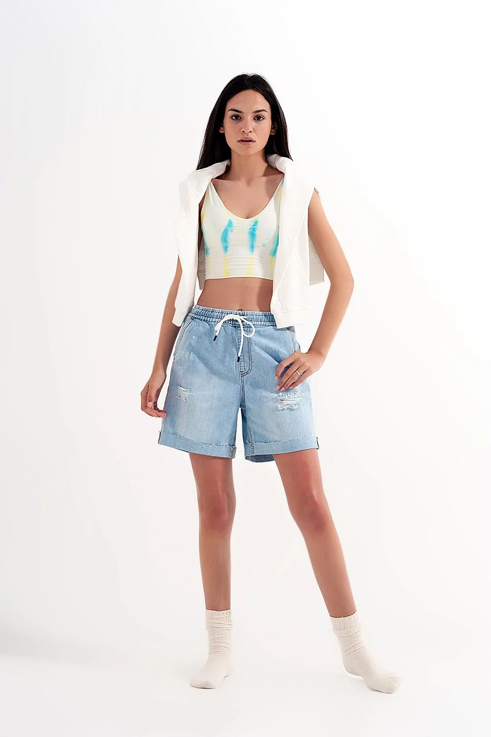 Denim Shorts With Elastic Waist in Wash Blue