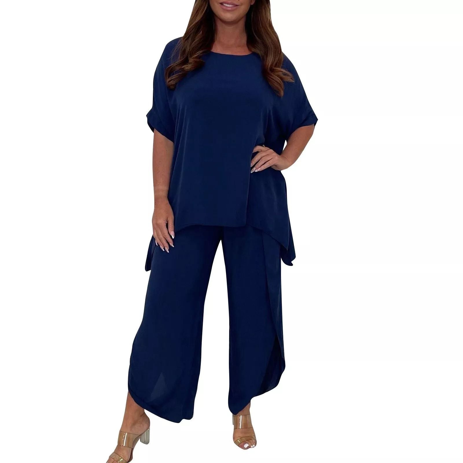 Fashion Comfortable Short Sleeve And Long Pants Solid Color Top And Pants 3XL B-71843