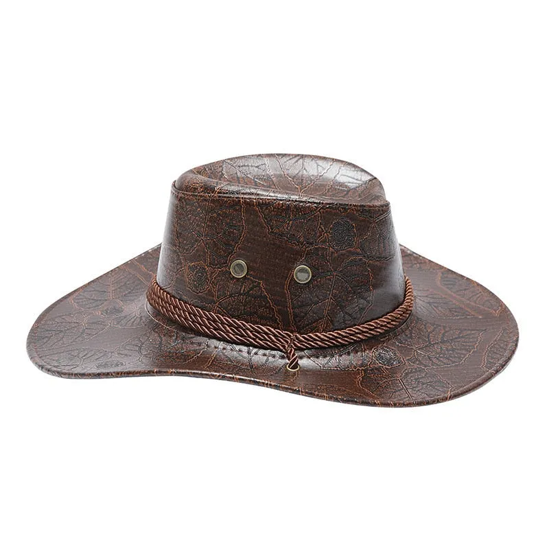 Fashion Leather Western Cowboy Hat For Men Retro Gentleman Jazz Hats Roll Up Brim Sombrero Hombre