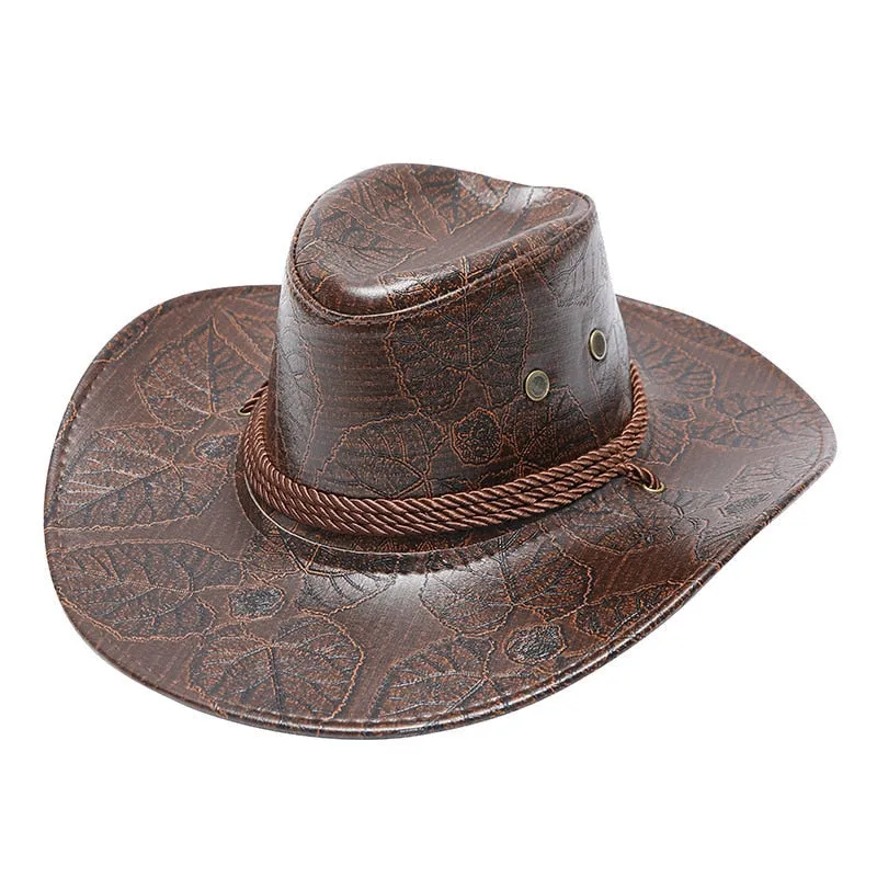 Fashion Leather Western Cowboy Hat For Men Retro Gentleman Jazz Hats Roll Up Brim Sombrero Hombre