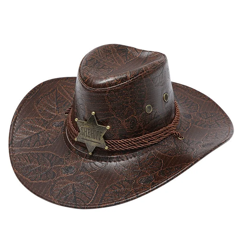 Fashion Leather Western Cowboy Hat For Men Retro Gentleman Jazz Hats Roll Up Brim Sombrero Hombre