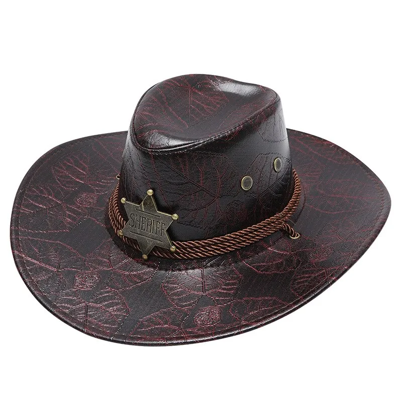 Fashion Leather Western Cowboy Hat For Men Retro Gentleman Jazz Hats Roll Up Brim Sombrero Hombre