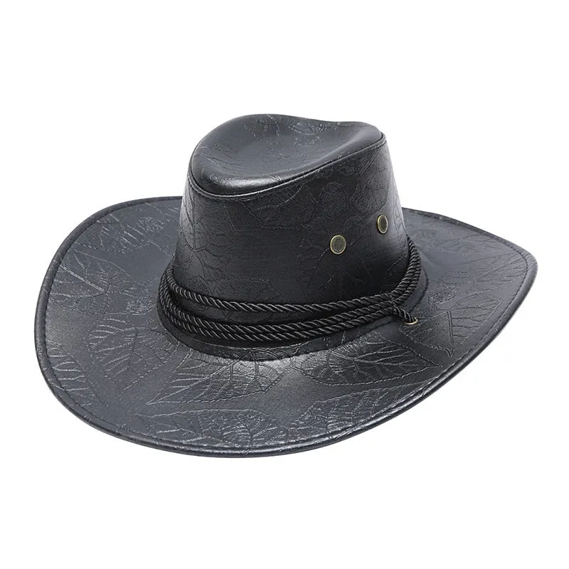 Fashion Leather Western Cowboy Hat For Men Retro Gentleman Jazz Hats Roll Up Brim Sombrero Hombre