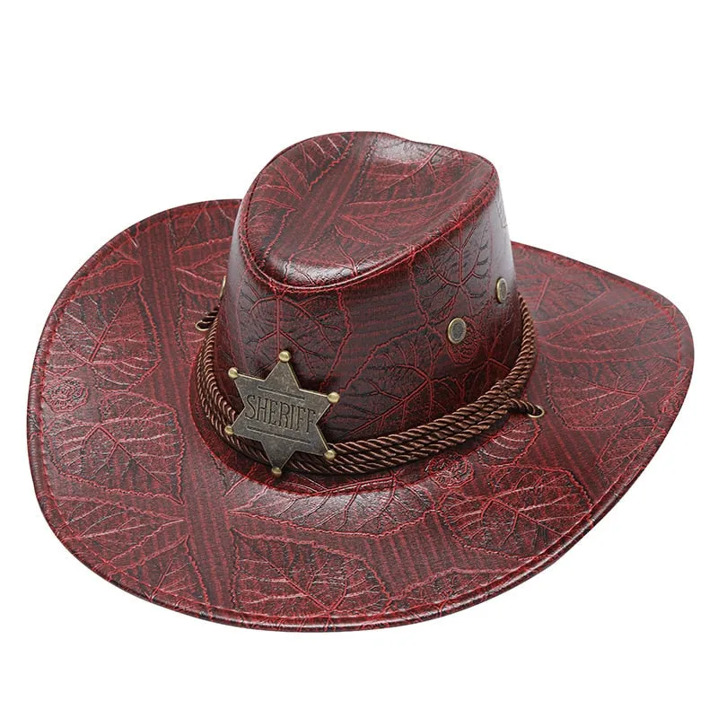 Fashion Leather Western Cowboy Hat For Men Retro Gentleman Jazz Hats Roll Up Brim Sombrero Hombre