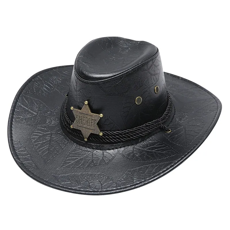 Fashion Leather Western Cowboy Hat For Men Retro Gentleman Jazz Hats Roll Up Brim Sombrero Hombre