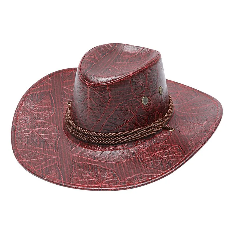 Fashion Leather Western Cowboy Hat For Men Retro Gentleman Jazz Hats Roll Up Brim Sombrero Hombre