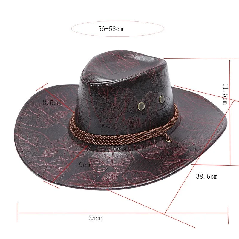 Fashion Leather Western Cowboy Hat For Men Retro Gentleman Jazz Hats Roll Up Brim Sombrero Hombre