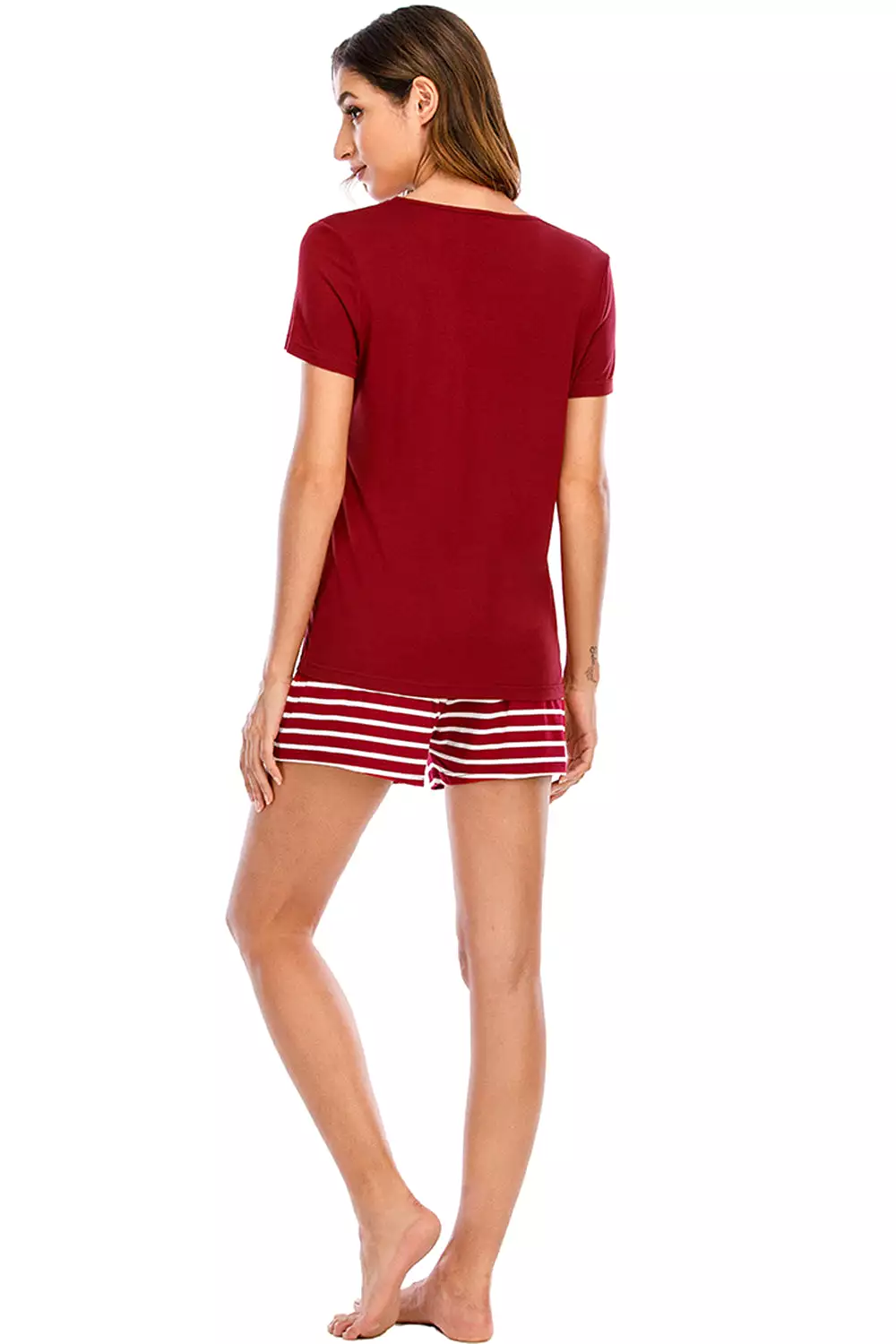 Graphic Round Neck Top and Striped Shorts Lounge Set