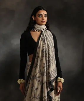 Handloom Beige Cotton Muslin Dhakai Jamdani Saree With Black Flowers And Leaves