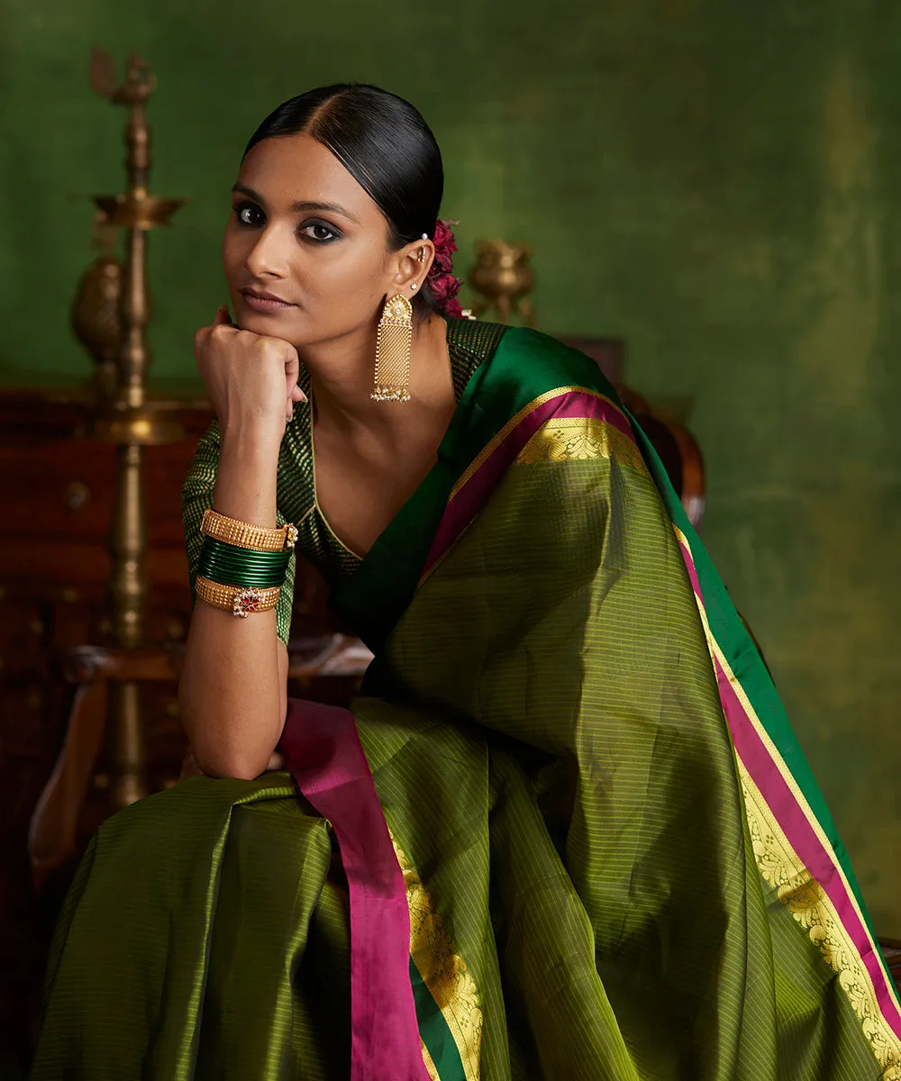 Handloom Heena Green Pure Silk Kanjivaram Saree With Double Color Big Border