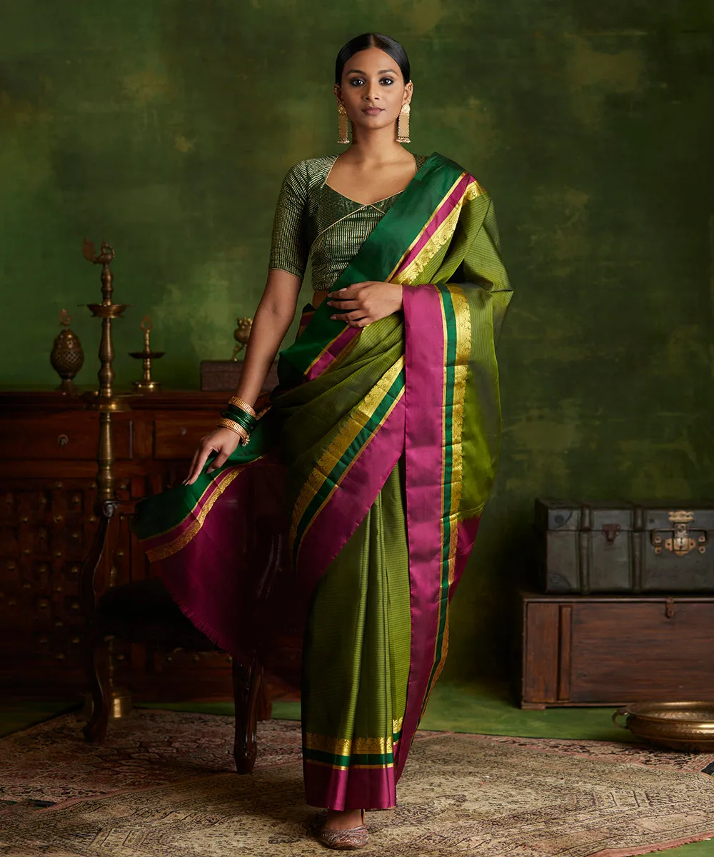 Handloom Heena Green Pure Silk Kanjivaram Saree With Double Color Big Border