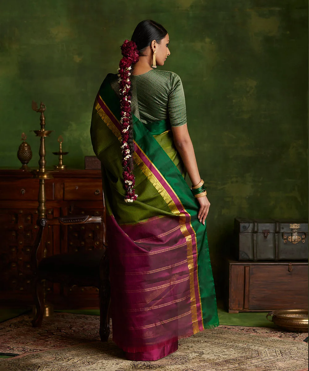 Handloom Heena Green Pure Silk Kanjivaram Saree With Double Color Big Border