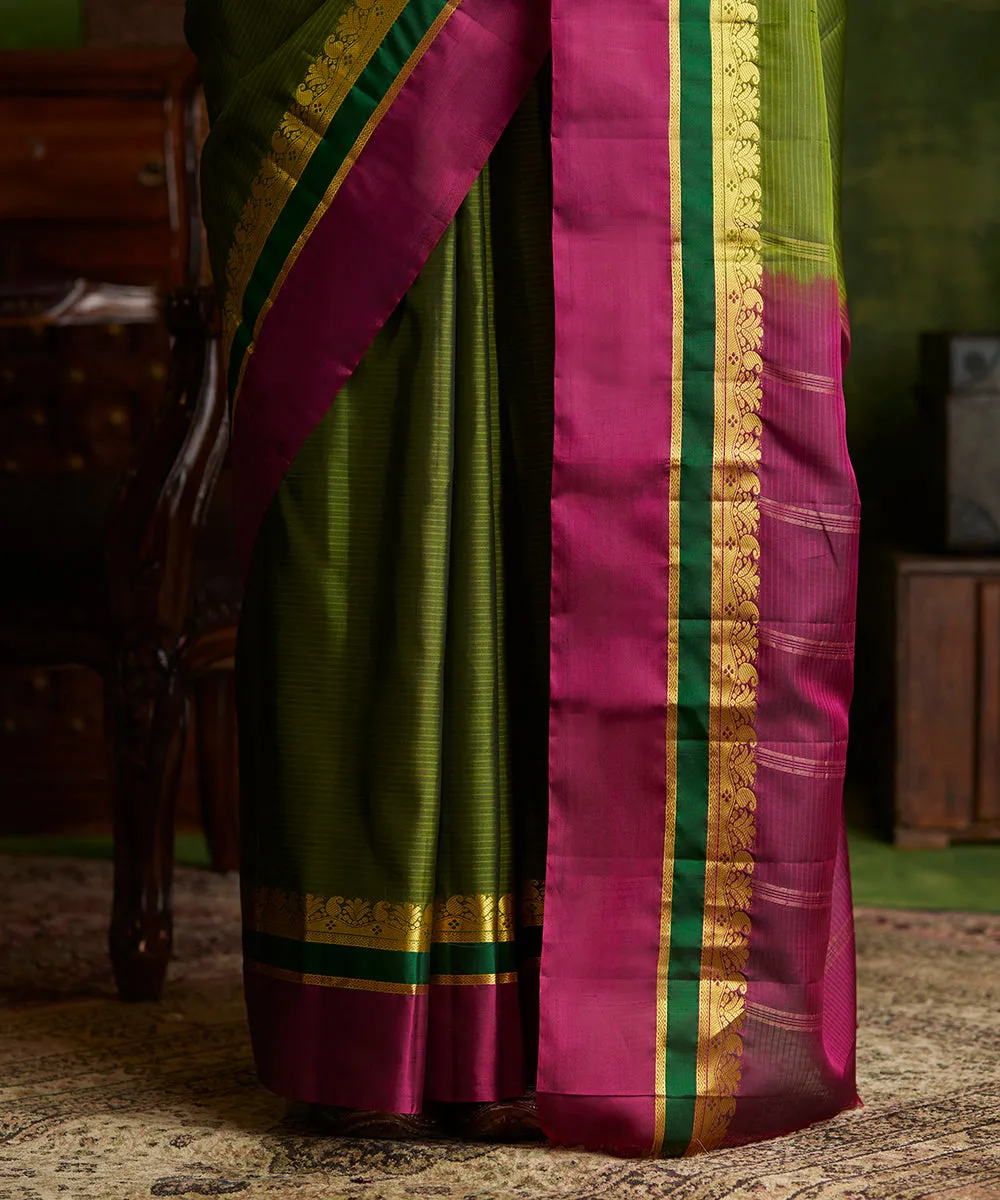 Handloom Heena Green Pure Silk Kanjivaram Saree With Double Color Big Border