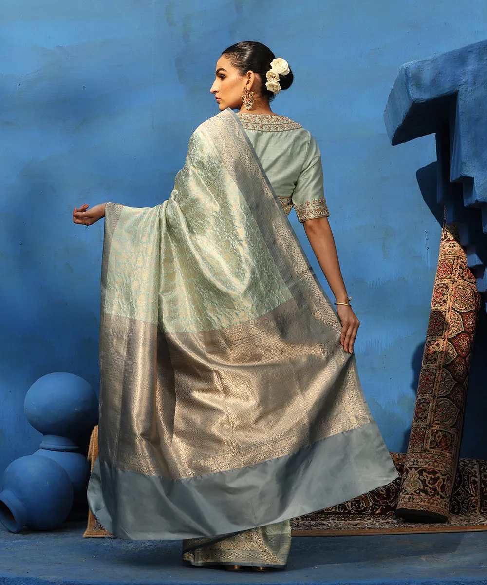 Handloom Ice Blue Pure Katan Silk Kimkhab Banarasi Saree With Grey Border