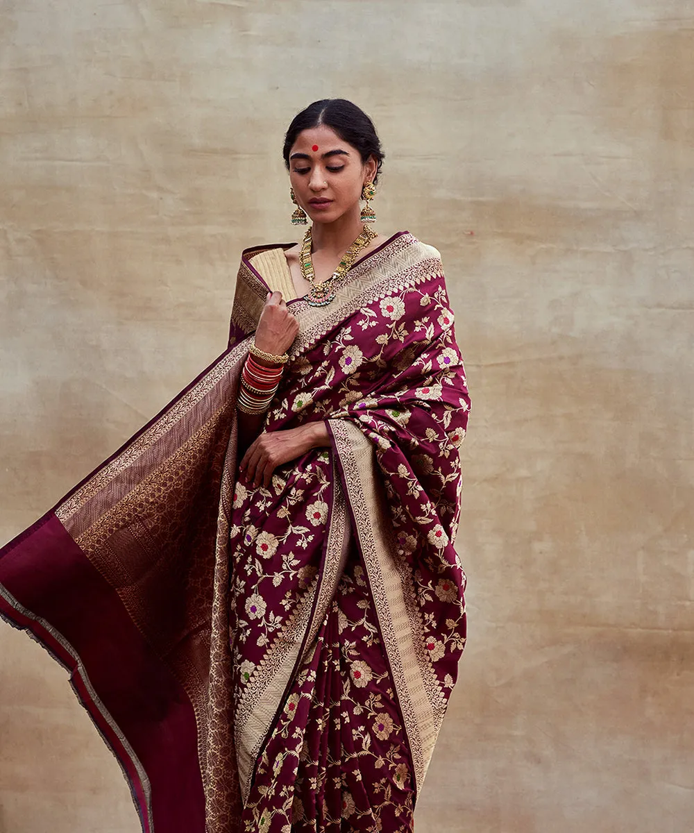 Handloom Maroon Pure Katan Silk Banarasi Saree with Meenakari Jaal