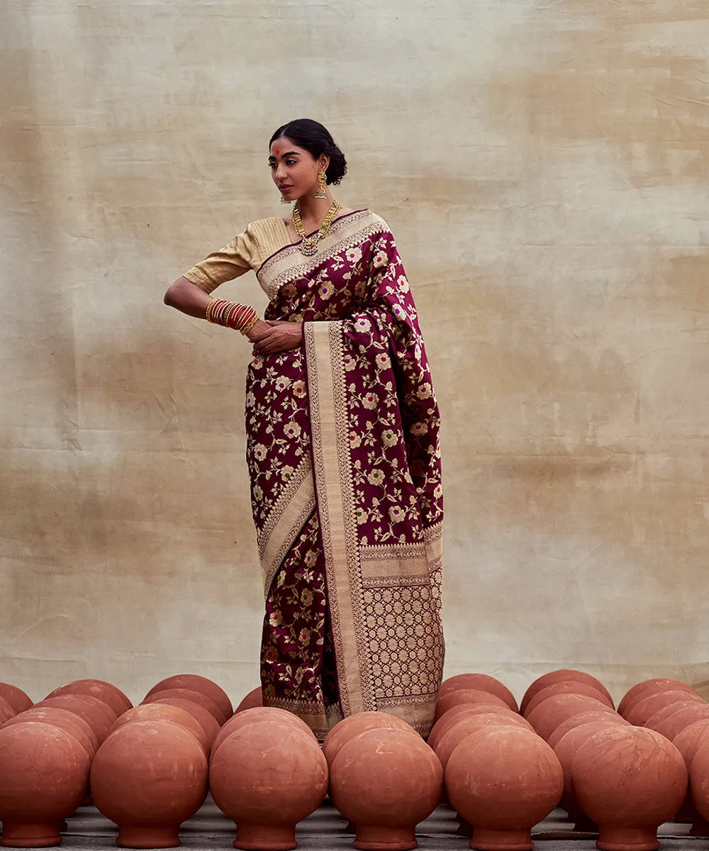 Handloom Maroon Pure Katan Silk Banarasi Saree with Meenakari Jaal