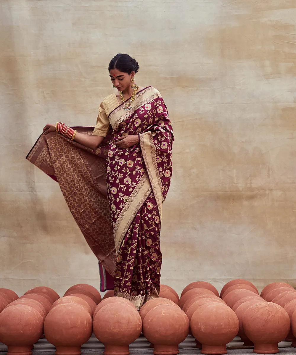 Handloom Maroon Pure Katan Silk Banarasi Saree with Meenakari Jaal