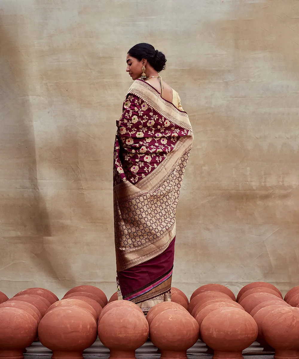 Handloom Maroon Pure Katan Silk Banarasi Saree with Meenakari Jaal