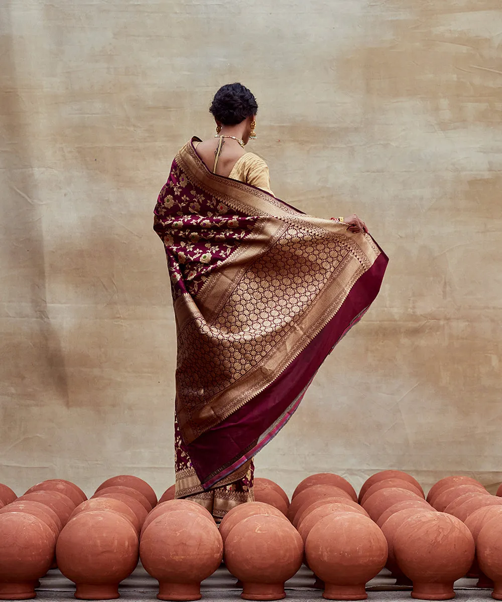 Handloom Maroon Pure Katan Silk Banarasi Saree with Meenakari Jaal