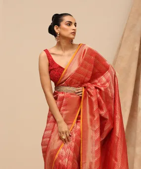 Handloom Red Pure Katan Silk Zari Tanchoi Banarasi Saree With Contemporary Design