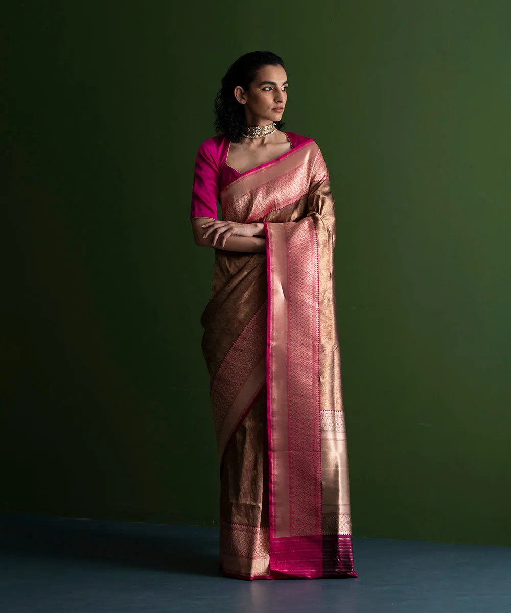 Handloom Wine And Gold Pure Katan Silk Kimkhab Banarasi Saree With Pink Kadhiyal Border