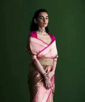 Handloom Wine And Gold Pure Katan Silk Kimkhab Banarasi Saree With Pink Kadhiyal Border