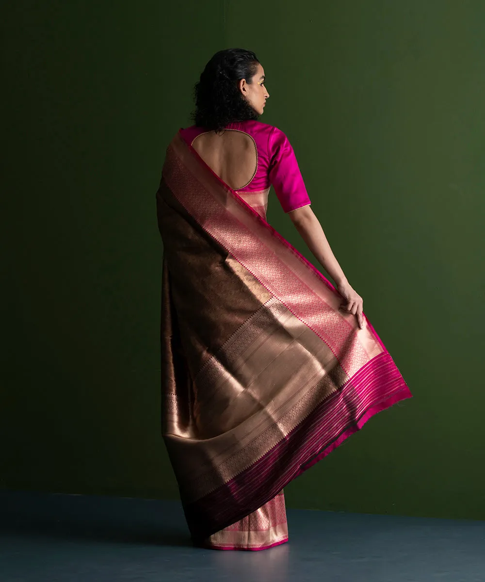 Handloom Wine And Gold Pure Katan Silk Kimkhab Banarasi Saree With Pink Kadhiyal Border