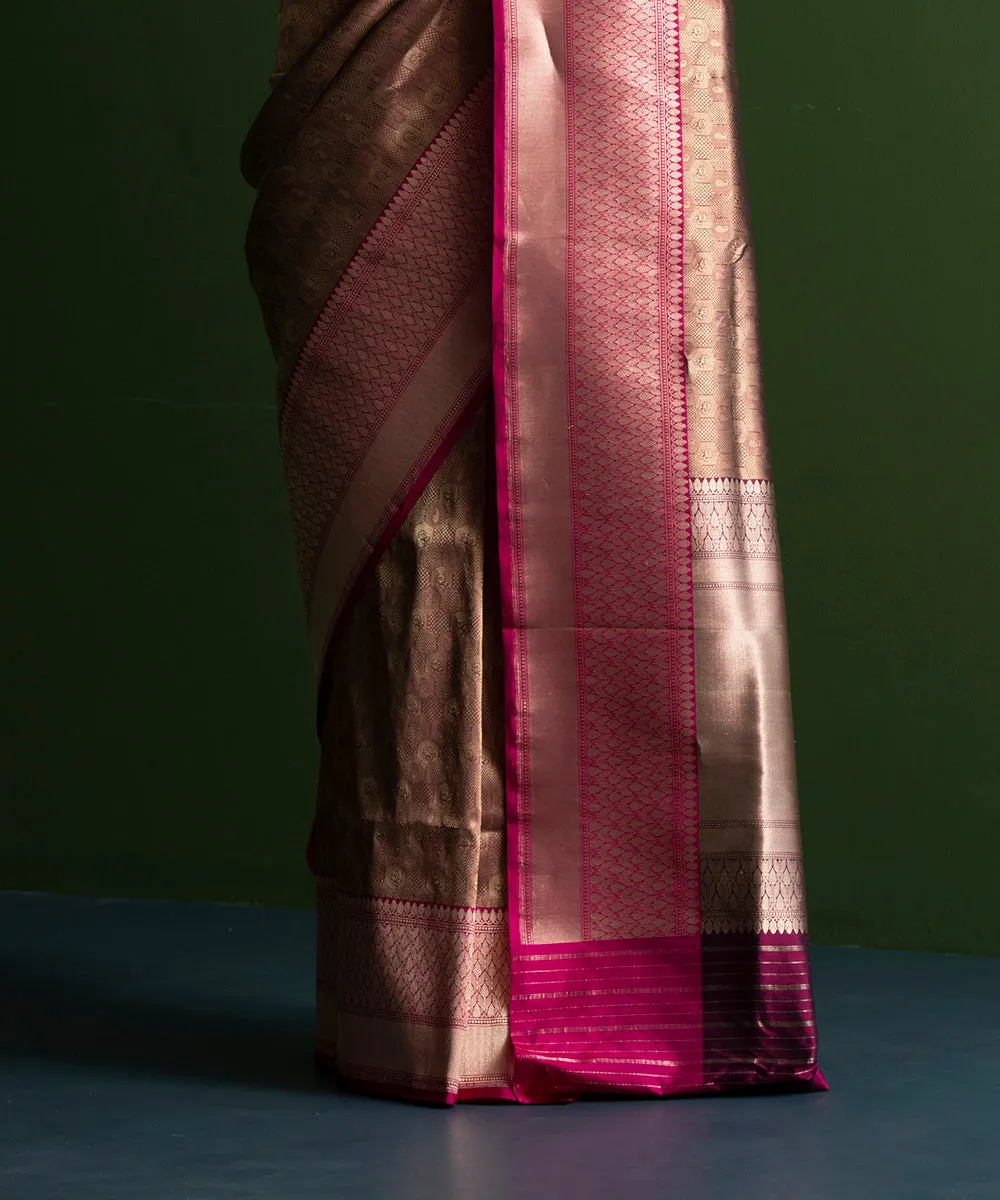 Handloom Wine And Gold Pure Katan Silk Kimkhab Banarasi Saree With Pink Kadhiyal Border