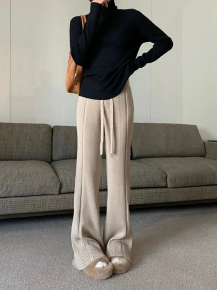 Knitted Flared Pants for Women Casual Cashmere Solid Loose Autumn/Winter Trousers