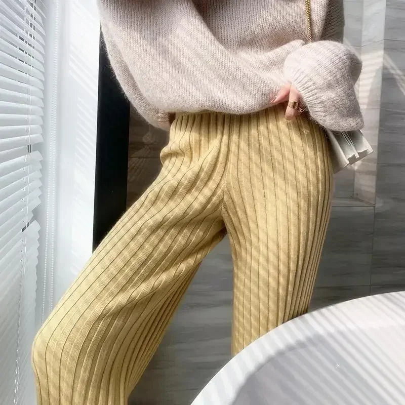 Knitted Pant Women Autumn Spring High Waist Wide Leg Pants Office Lady