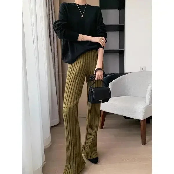 Knitted Pant Women Autumn Spring High Waist Wide Leg Pants Office Lady